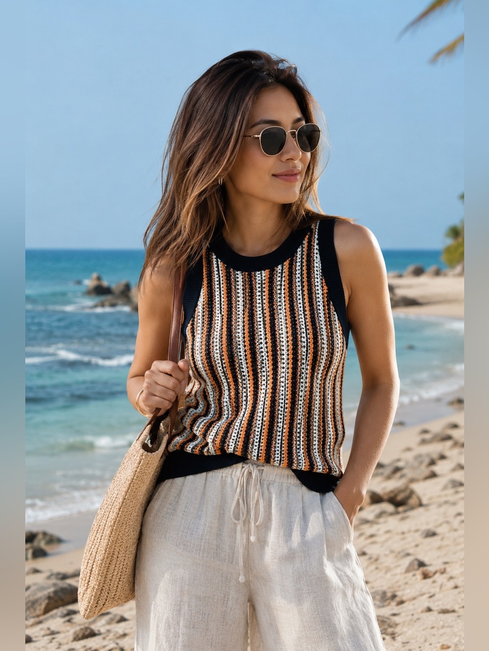525 America Krista Stripe Vertical Crochet Tank Coastal Beach Festival - Picture 5 of 16